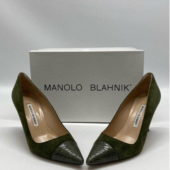 Manolo Blahnik Bipunta Leather Suede Olive Green Pumps Heels IOB EU 37.5 US 7 - Picture 3 of 16